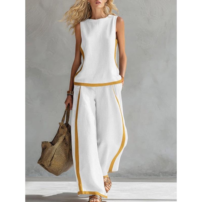 Women's Round Neck Sleeveless Loose Fit Color Block Two Piece Set Contrast Patchwork Wide Leg Pants Outfit For Spring Summer Casual Daily Commute