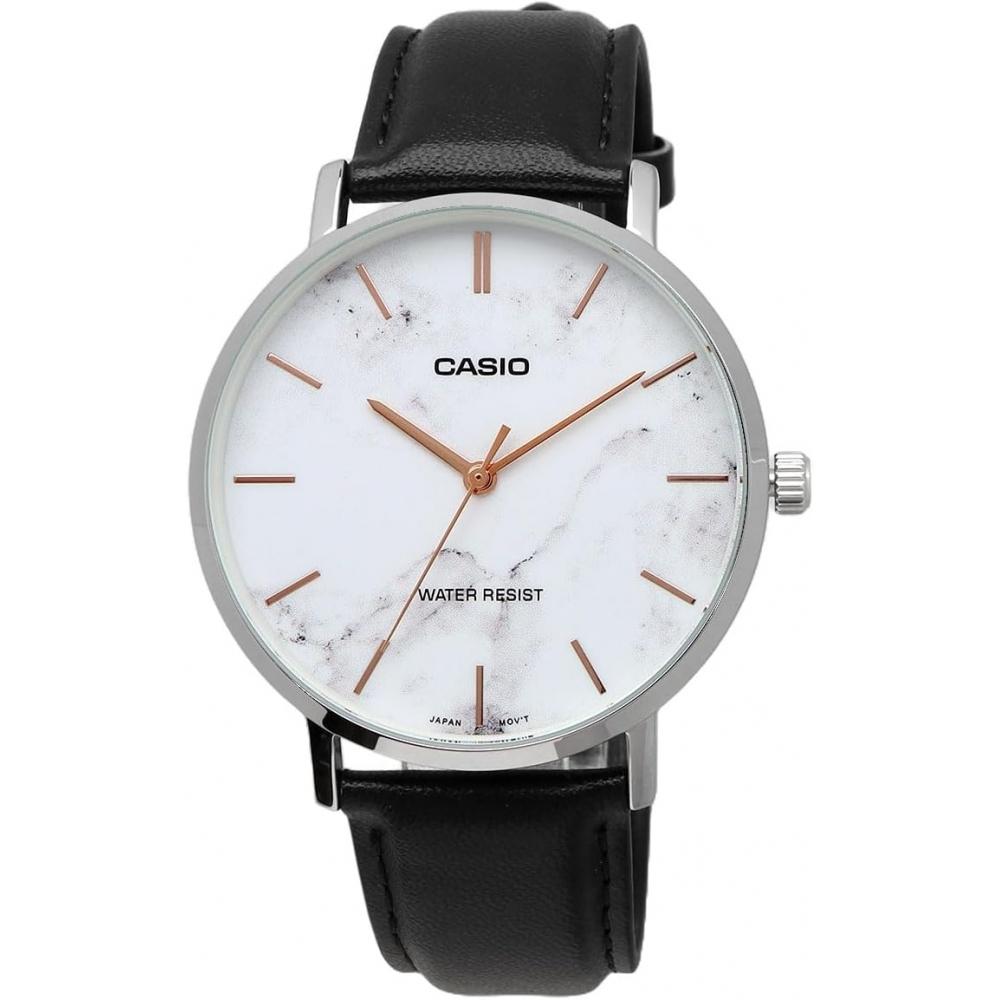 CaSio Men S Quartz Watch White Marble   Black Leather Mtp Vt01lm 7a