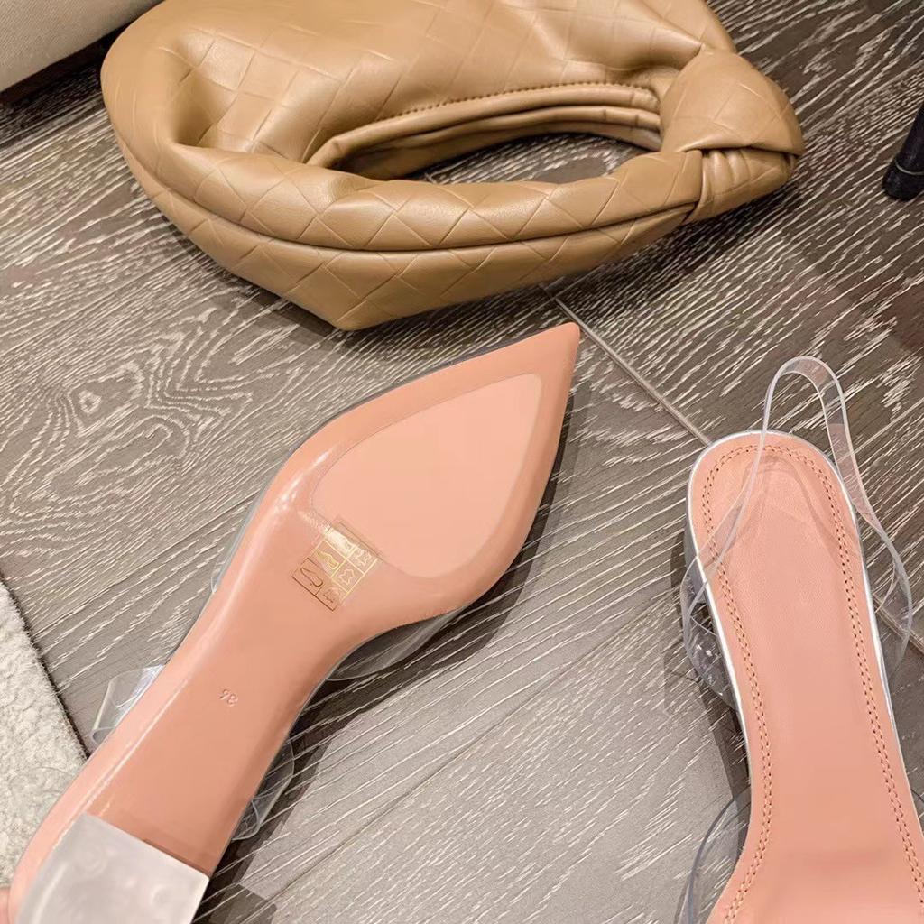 Sexy bow bag head transparent sandals new pointed thin heel rhinestone rear empty high heels