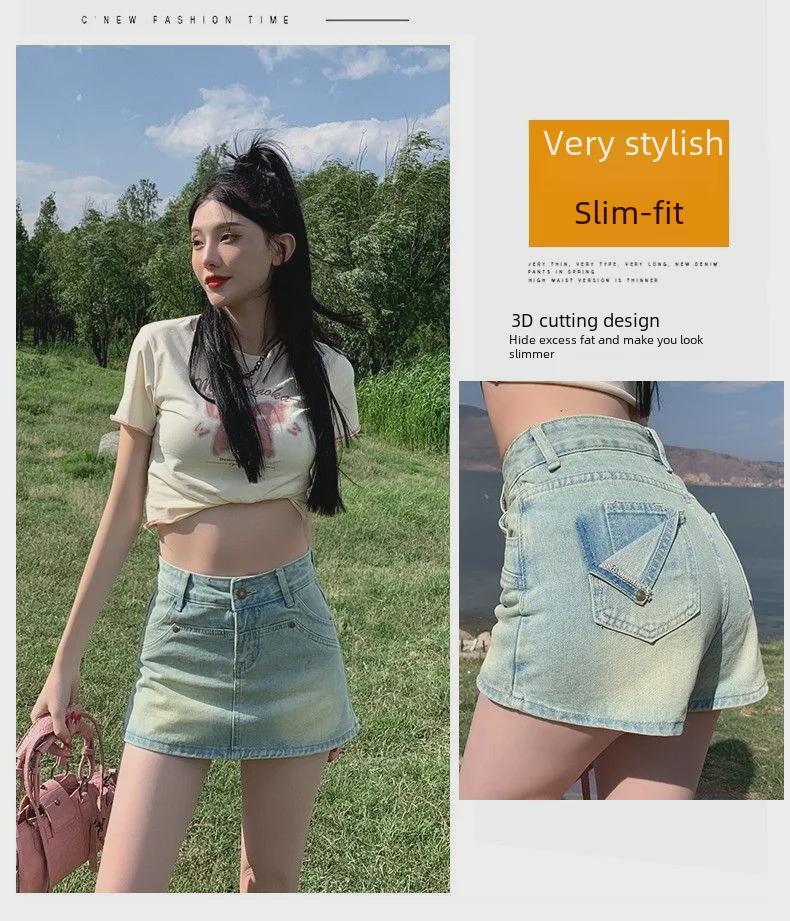 Women's High Waist Retro Denim Skort: A-Line, Anti-Exposure, Small Size