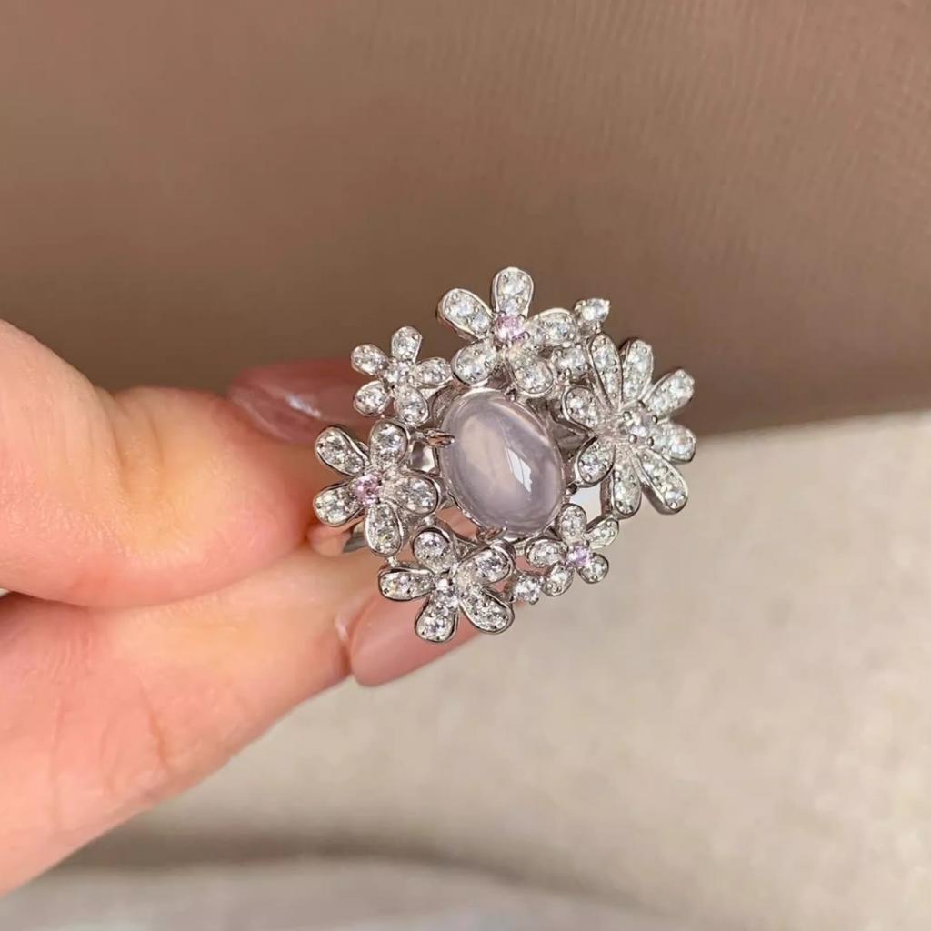 Light luxury inlaid diamond small flower beautiful rings for women natural ice chalcedony ring engagement retro wedding