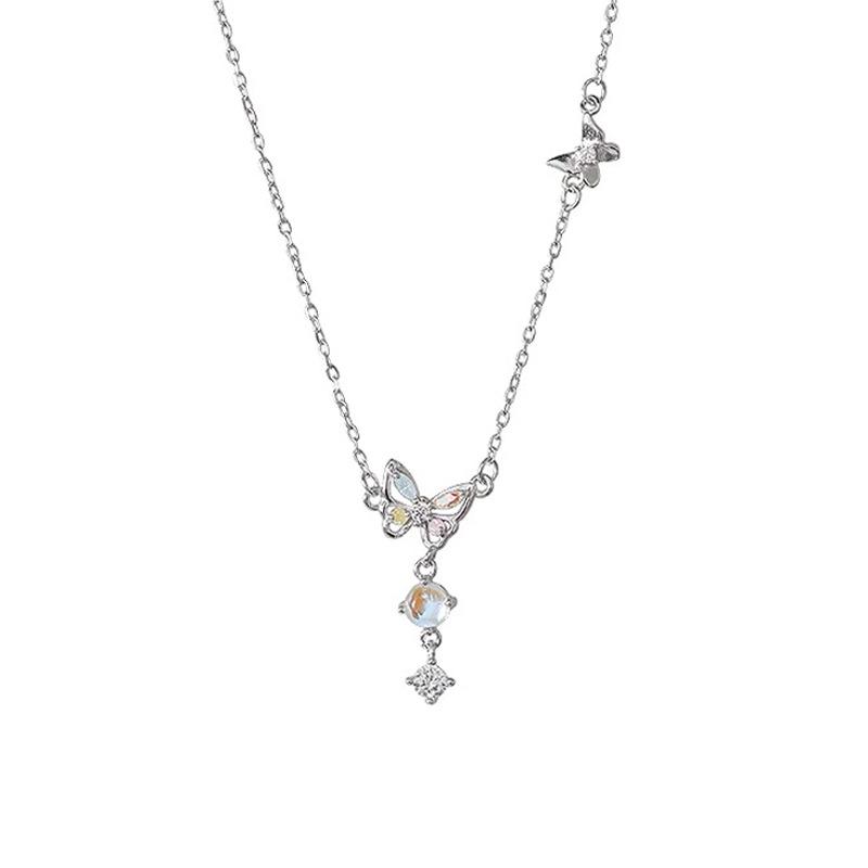 S999 Sterling Silver Butterfly Tassel Necklace with Colorful Diamonds & Moonstone, High-End Design for Women.