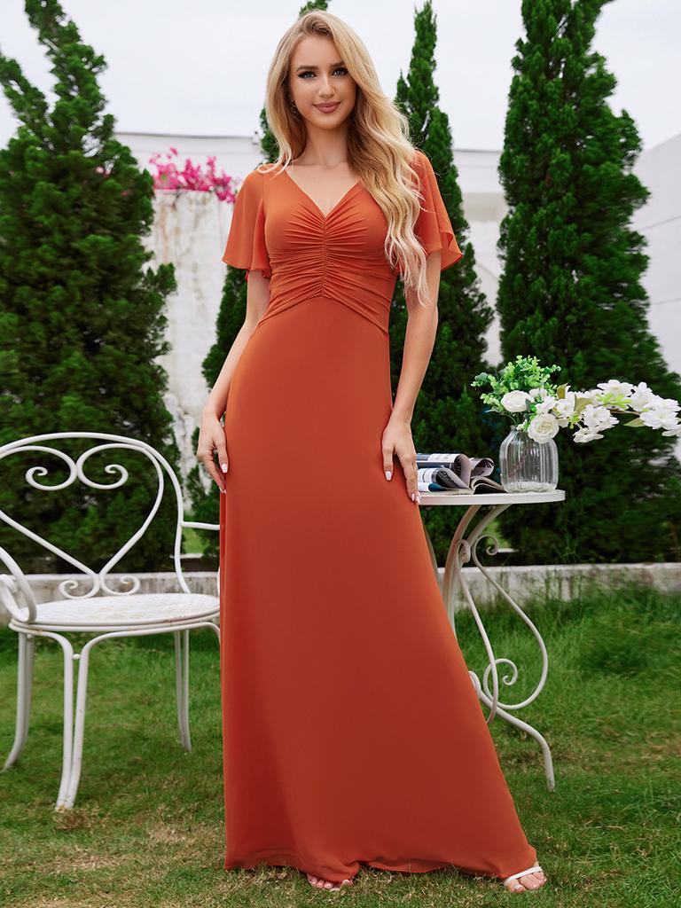 Ever-Pretty Damen A-Linien V-Ausschnitt Chiffon Plissee Brautjungfernkleid mit Rüschen Kurzärmeln