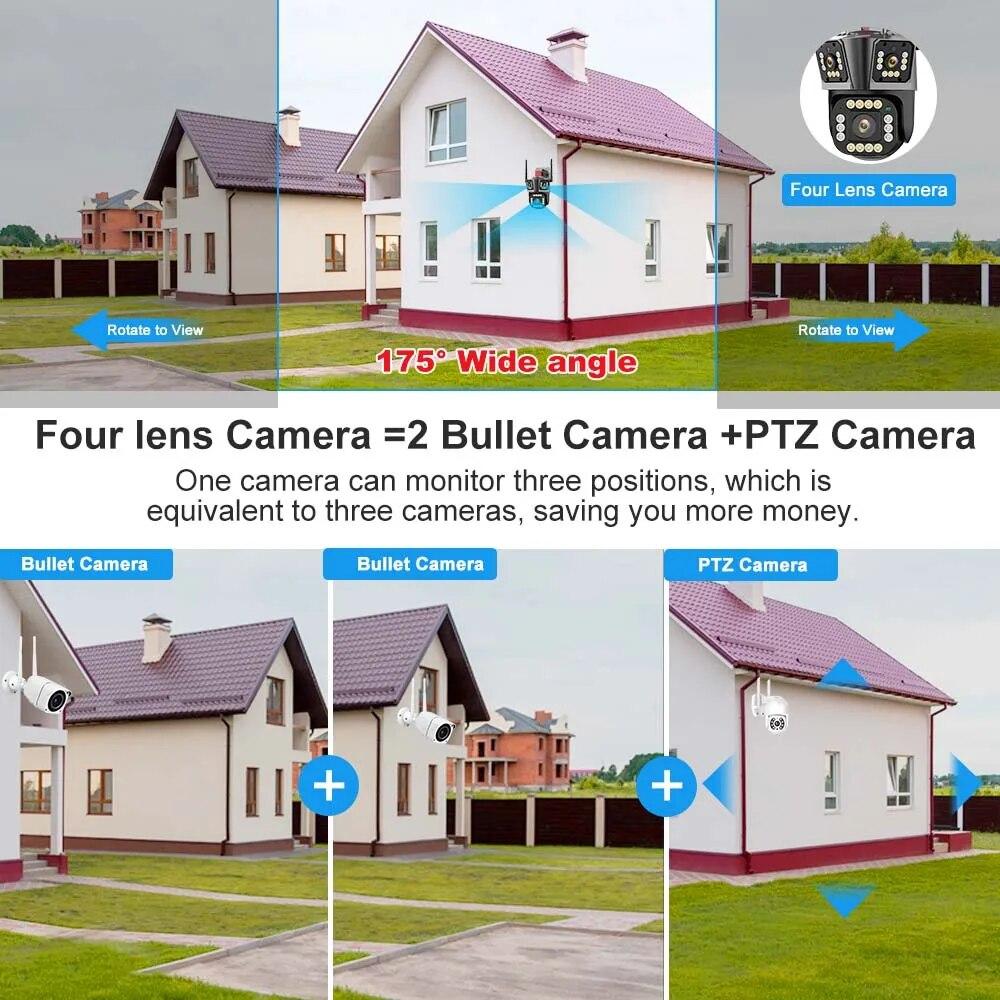 8K WIFI IP Camera Four Lens Three Screen PTZ Camera 10X Zoom Outdoor Auto Tracking Security Camera Waterproof Surveillance Cam