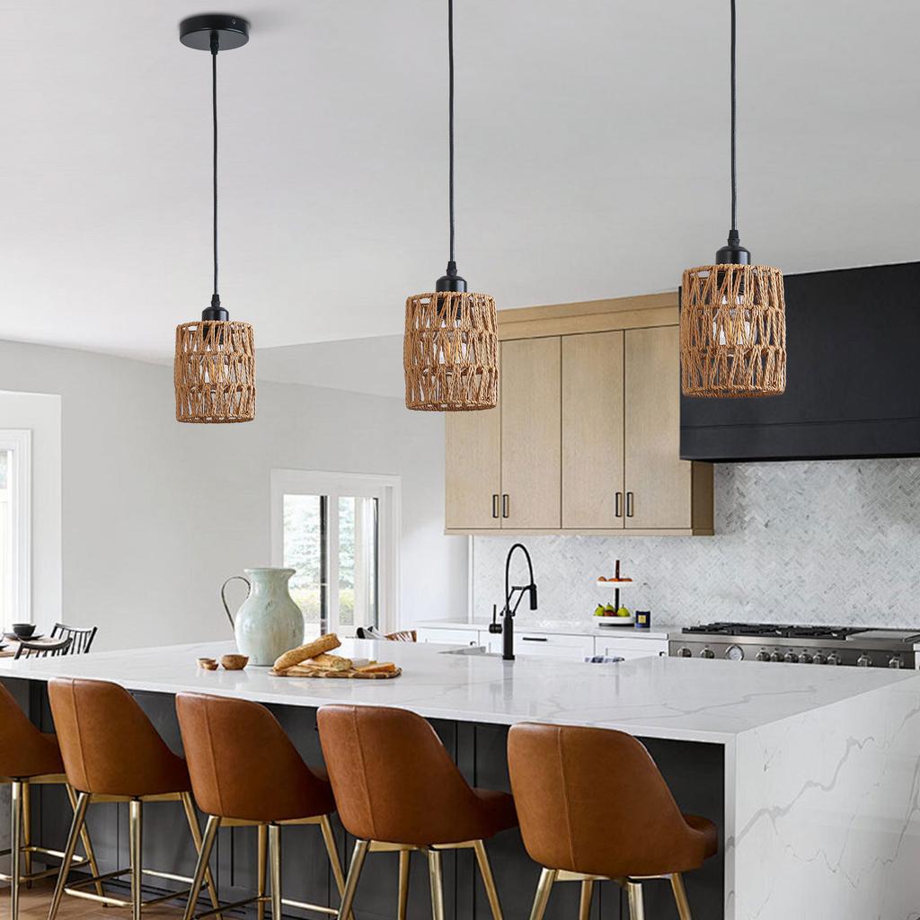 3-Pack Woven Paper Rope Pendant Lights With E26 Base - Rustic Adjustable Height (0-53 Inch) Chandelier for Dining Room & Bedroom