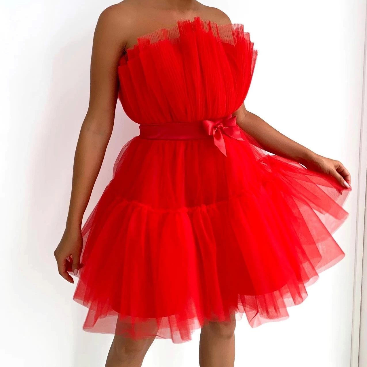 

Платье-помпадур с бантом и сетчатым верхом QICED для женщин S красный