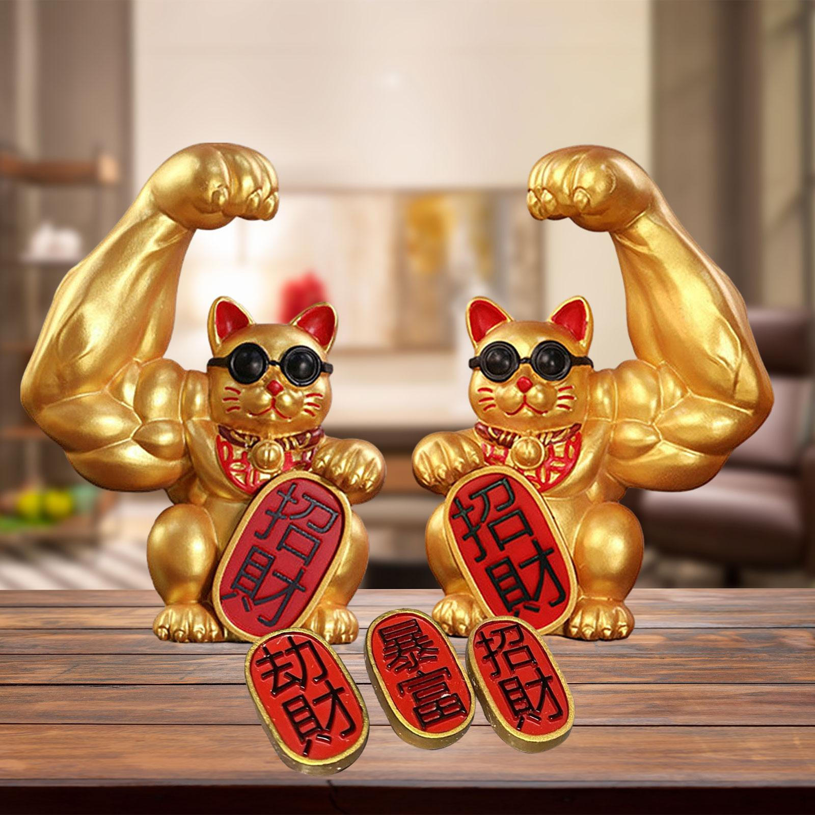 

Set of 2 Fortune Cat Figurine Car Dashboard Ornament Spring Festival Waving Hand Wall Shelf Decor