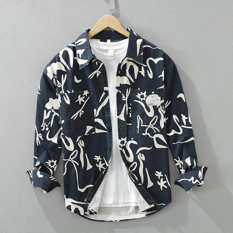 

Корейская мода длинные рукава принтованные рубашки для мужчин весна и осень уличная одежда литературные мужские топы молодежная чистая хлопковая повседневная рубашка XXXL