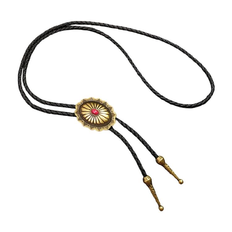 Western Shoestring Necktie Braided Belt Tie Cool Charm Engraved Stone Pendant for Women Men