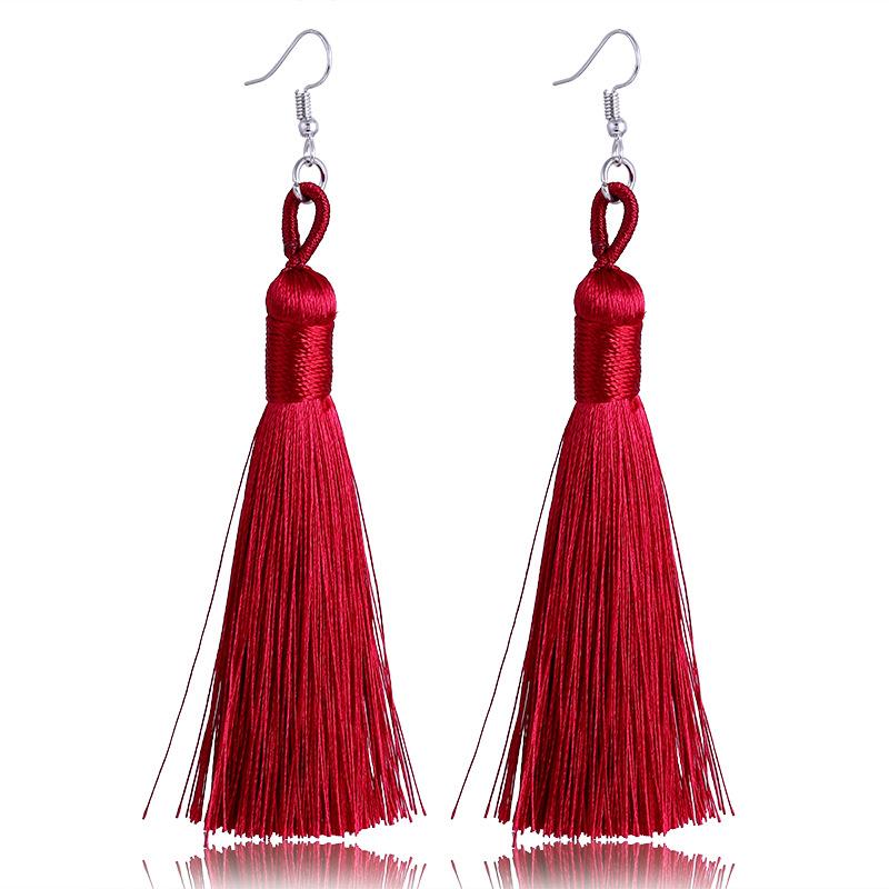 Women Tassel Earrings Bohemian Cotton Thread Cords Brush Drop Dangle Earrings Handmade Silk Fabric Long Hanging Earrings Zircon