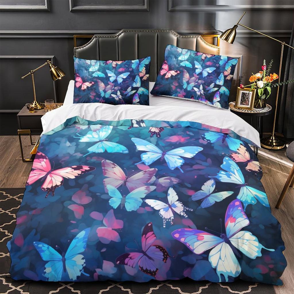 3D Colorful Butterfly Bedding Set Fashion Quick Drying Duvet Cover Pillow Case 2/3pcs Girl Kids Women's Soft Cover for Full Size Bed