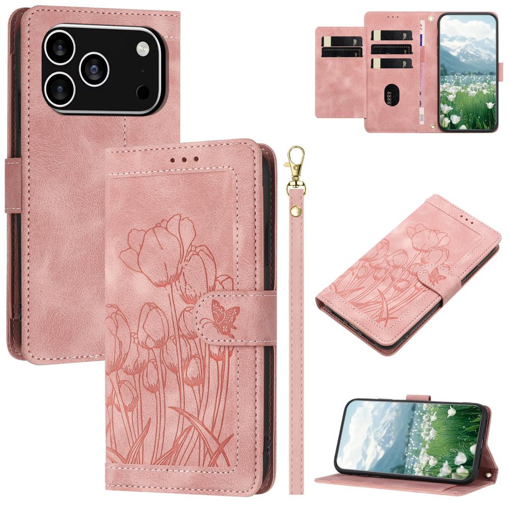 For iPhone 17 Pro Case Tulip Leather Phone Cover with 5 Card Slots Wallet