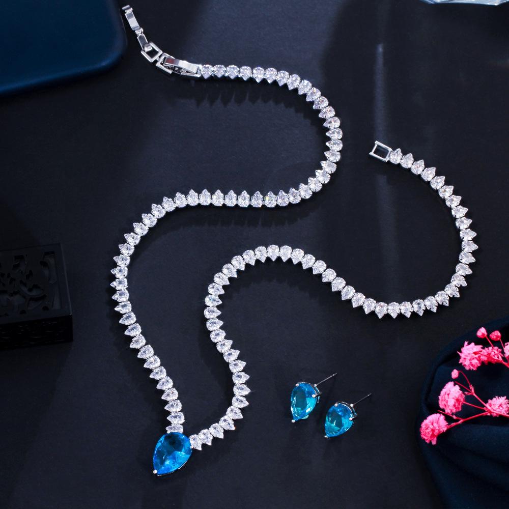 Tide Creative Shiny Zircon Bright Diamond Water Drop Necklace Earrings Two-Piece Set