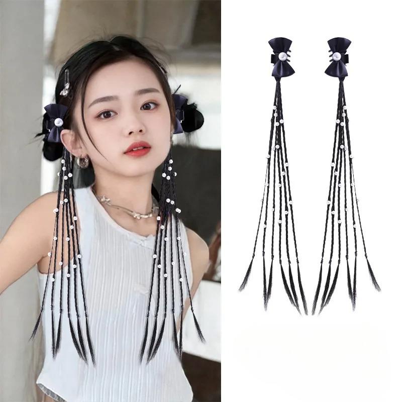 2 Pcs Korean Style Hair Ties for Kids Girls Ponytails Wig Braids with Edgy Bows Children Twist Braids Elastic Hair Accessories