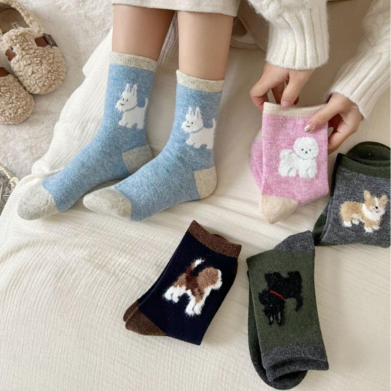 Spring and Autumn Fluffy Puppy Cartoon Mid-calf Socks, Cute Style, Flocked School Style, Color-blocked Pile Socks