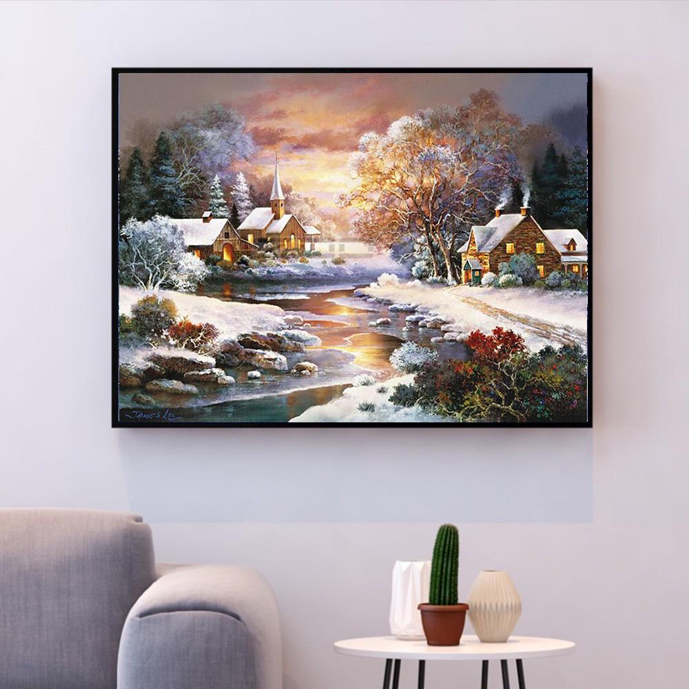 huacan Diamante Ricamo 5D Pittura Diamante DIY Snow Cottage Paesaggio Pittura Diamante Punto Croce Strass Mosaico