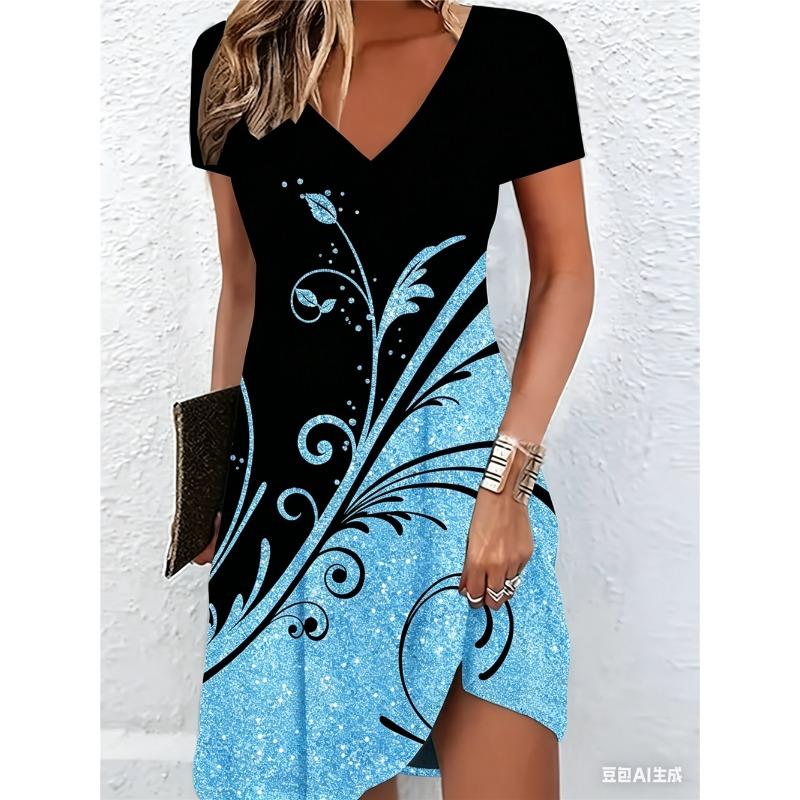Elegant Women Floral Mini Dresses Summer Short Sleeve V-Neck Street 3D Flower Printed Ladies Dress 3XL Plus Size Casual Dress