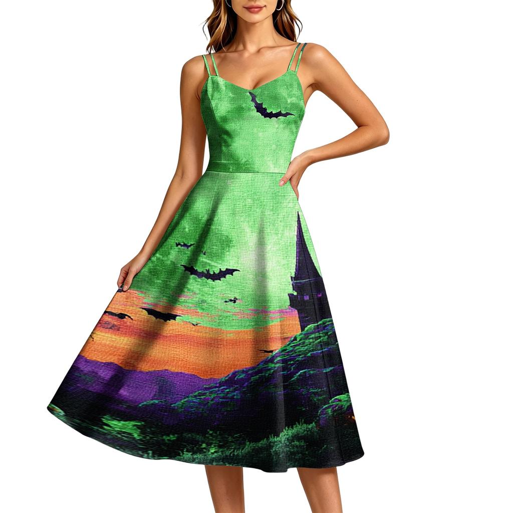 Women's Casual Halloween Print Round Neck Sleeveless Dress for Holiday Party
