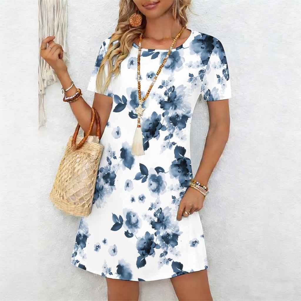 Women's Fashion Graceful Beautiful Maple Leaves and Flowers Colorful Flowers and Small Grass Print Summer Spring Short Sleeve O-Neck Casual Dresses