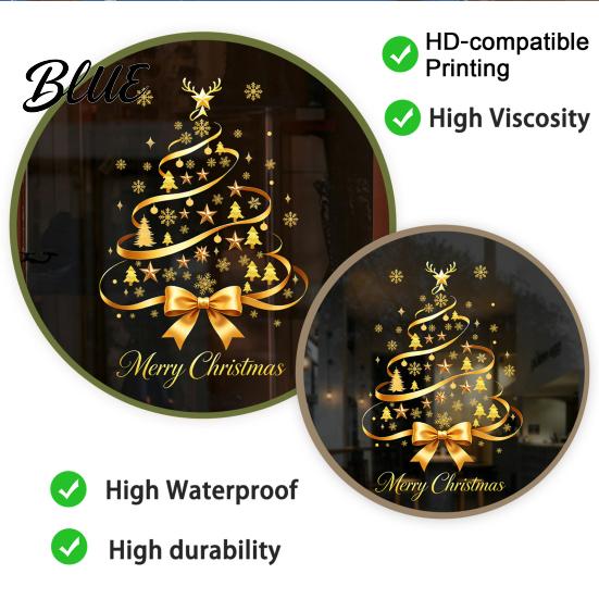 Weatherproof Christmas Stickers Gold Ribbon Tree Static Window Cling Glass Sticker with Bow Reindeer Creative Gift Ideas Antler & Star Snowflake,