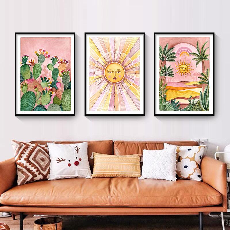Boho Sun Cactus Banana Tree Women Leopard Wall Art Canvas Painting Nordic Posters And Prints Wall Pictures For Living Room Decor