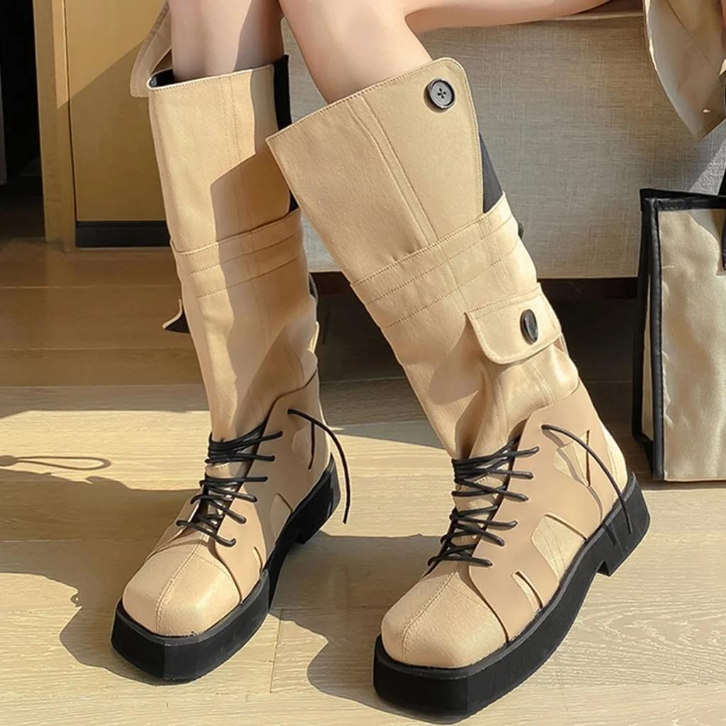 Fashion 2025 Winter Fashion Women Boots Mixed Color Splicing Knee High Boots Rubber Platform Square Toe Lace Up Novelty Boots