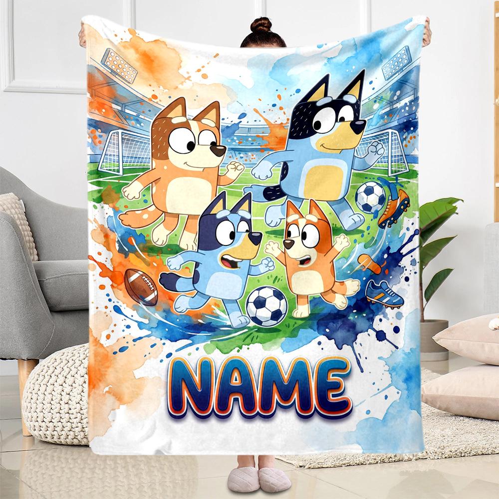 Bluey's Soccer Fun Customize Text Blanket Multi-purpose Personalized Blanket Ultra-Soft Suitable for Bedding Seaside Office Chair Chair
