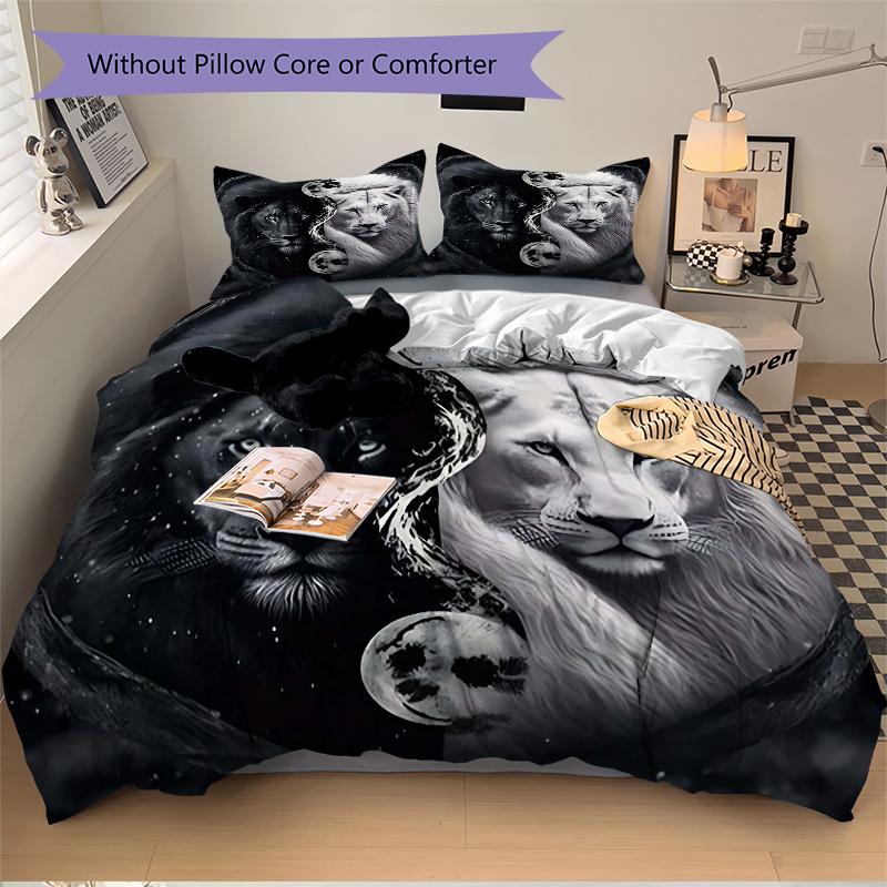 3pcs Anime Lion Yin Yang Moon Comforter Set with One Quilt Cover and Two Pillowcases (No Core) - Home Decor, Festival Gift, Polyester Fabric, Suitable