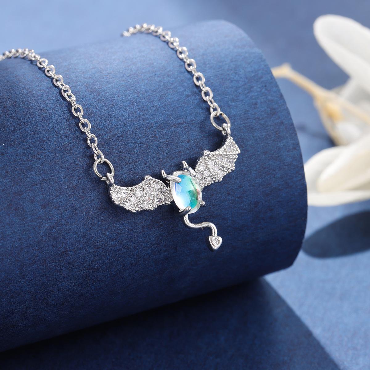 Fashion Little Devil 925 Sterling Silver Bat Moonstone Cute Animal Crystalr Necklaces  XL093 серебряный