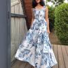 Spring Summer Women's White Blue Tropical Print Sleeveless Maxi Dress Square Neck Ruffle Hem Vacation Sundress