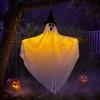Halloween Party Backdrop Hanging Ghost with Witch Hat, Light Up Spooky Glowing Decoration Outdoor Decor for Porch Tree, Haunted House Scene