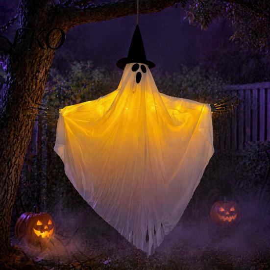 Halloween Party Backdrop Hanging Ghost with Witch Hat, Light Up Spooky Glowing Decoration Outdoor Decor for Porch Tree, Haunted House Scene
