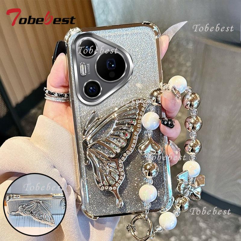 

Блестящий противоударный чехол с гальваническим покрытием и браслетом-бабочкой с зыбучим песком для Huawei Pura 80 70 Ultra P60 P50 P40 P30 Pro Plus Lite Huawei P30 lite