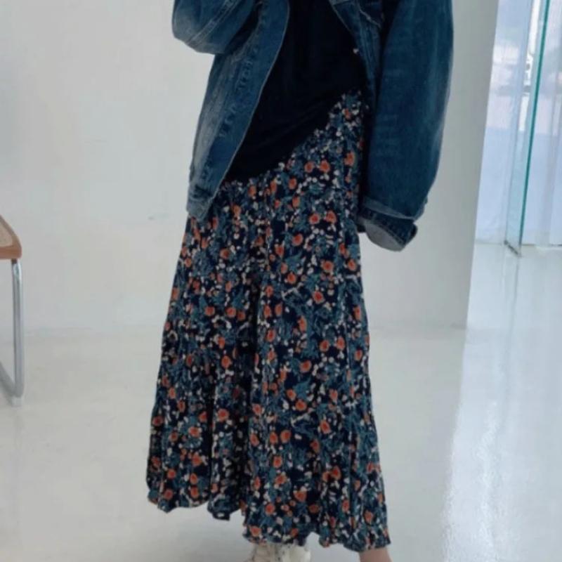 Vintage Blaue Blume Druck Rock für Frauen Sommer Neue Hohe Taille A-linie Röcke Faul Alle-spiel Mid-länge lose Faldas Mujer