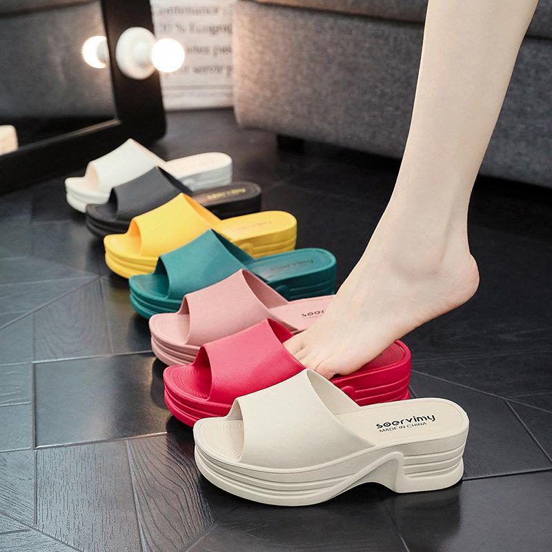 Fashion Women's Slippers Solid Color Casual Platform Sandals Slipper Open Toe Wedge PVC Chunky Middle Heel Ladies Slides Shoes
