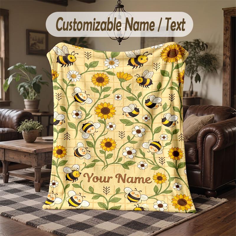 Bee Floral Garden Theme Throw Blanket Custom Name Text Personalized Blanket Soft Cozy Blanket for Home Sofa Bed