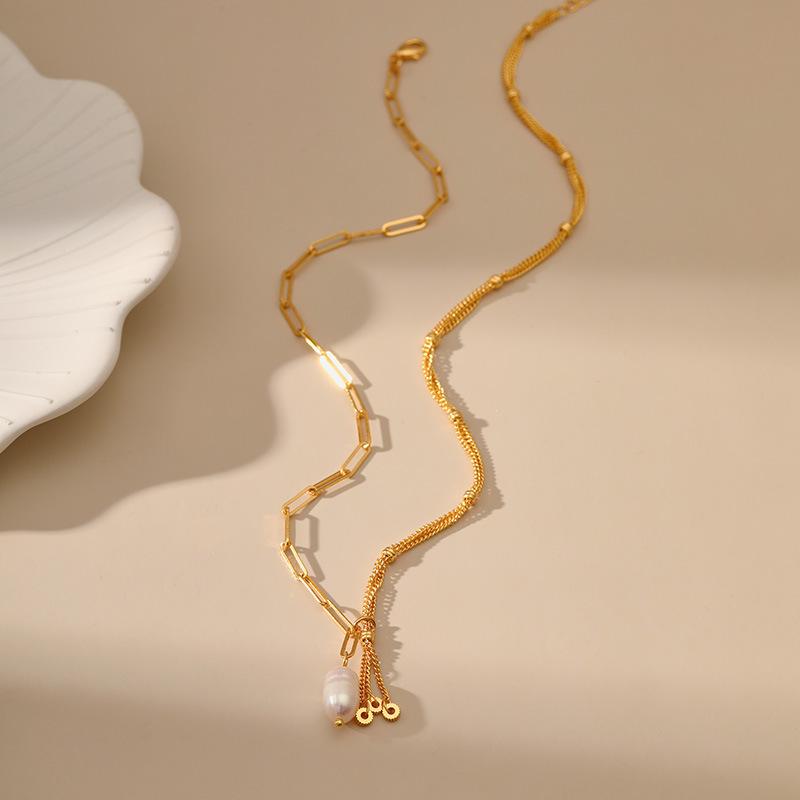 French Splicing Design Niche 18k Gold Plated Freshwater Pearl Clavicle Sweater Necklace
