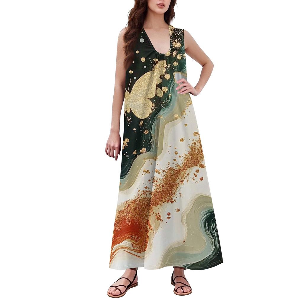 Mote Dame Casual A-linje Retro Trykket Hammerfølelse Løstsittende Langt Skjørt med Lommer