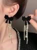 1Pair Black Velvet Bow Clip-On Earrings with Crystal Tassels and Pearl Accents, Elegant and Versatile No-Piercing Jewelry, Ideal for Parties and