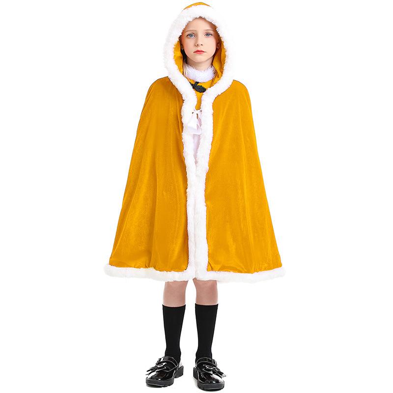 Kids Girls Santa Claus Xmas Red Yellow Hooded Cloak Shawl Children Christmas New Year Cosplay Costumes Kindergarten Performance Role Play Outfit
