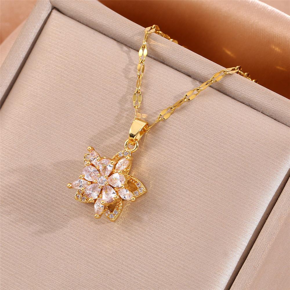 Female Crystal Pink Zircon Stone Flower Star Skeleton Pendant Necklace Vintage Gold Color Wedding Jewelry For Women