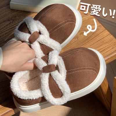 Winter New Cotton Drag Bow Bag Root Thick Bottom Slippers Velvet Warm Home Indoor Casual Outdoor Wear