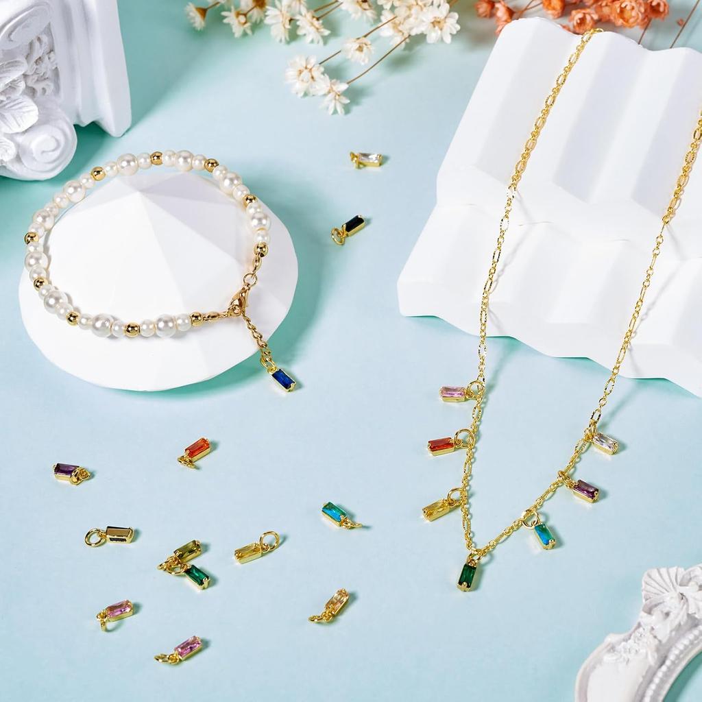 Pandahall 12Pcs 18K Gold Plated Rectangle Charms Cubic Zirconia Birthstone Charms Brass Crystal CZ Stone Pendants with Jump Ring for Jewelry Making