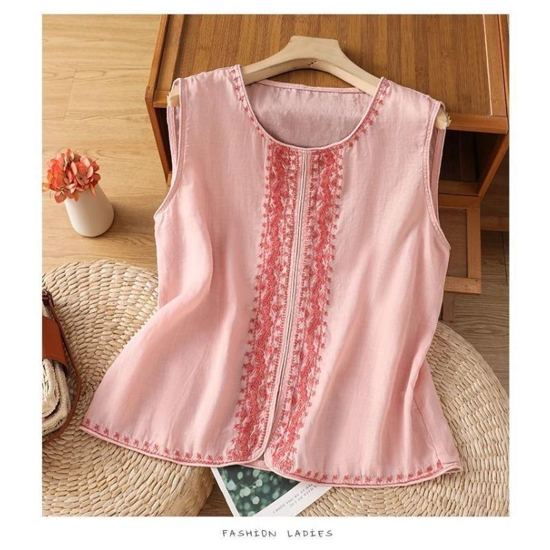 Retro Old Money Style Embroidered Linen Vest Women's Sleeveless Summer Inner Top