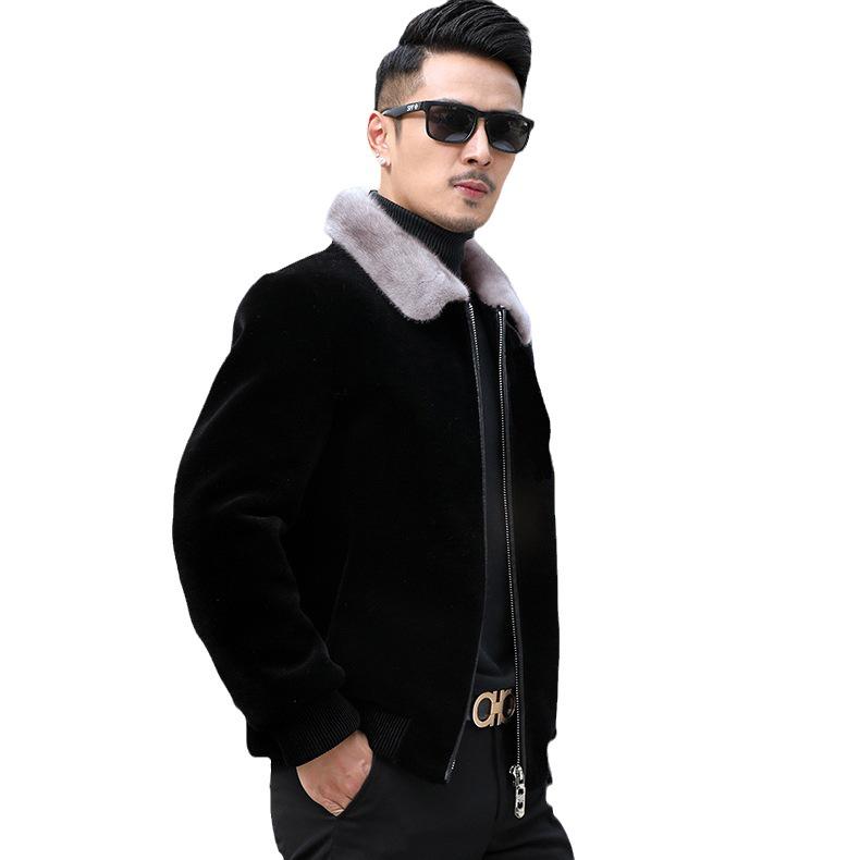2024 Autumn/Winter Men's Thick Faux Mink Fur Coat with Full White Collar