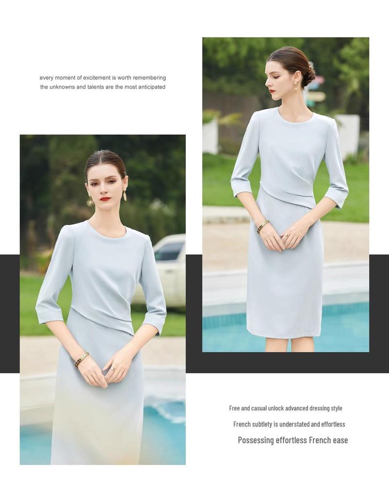 Spring/Summer Light Blue Professional Round Neck Seven-Sleeve Formal Dress for Women