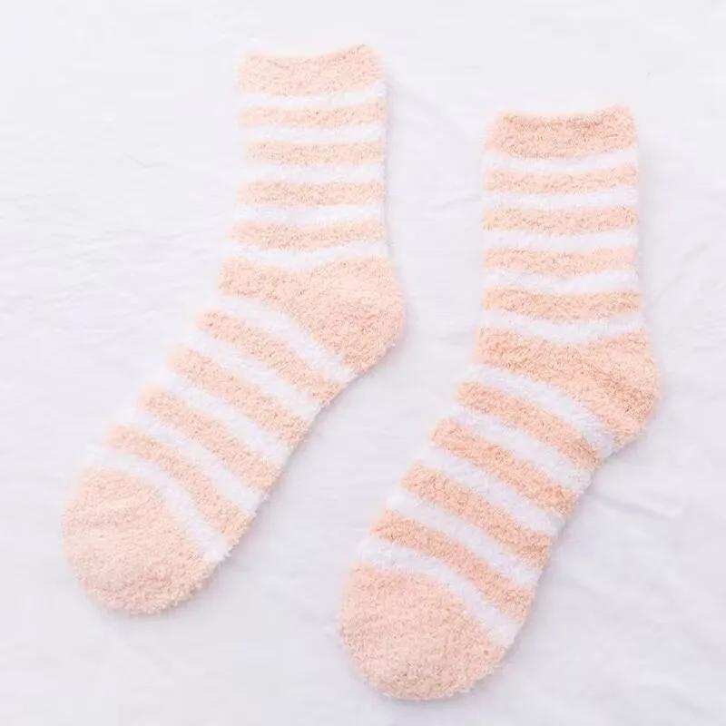 1 Pair Women's Autumn and Winter Striped Coral Fleece Sleep Socks Thickened Warm Mid-Calf Home Socks Simple Floor Socks