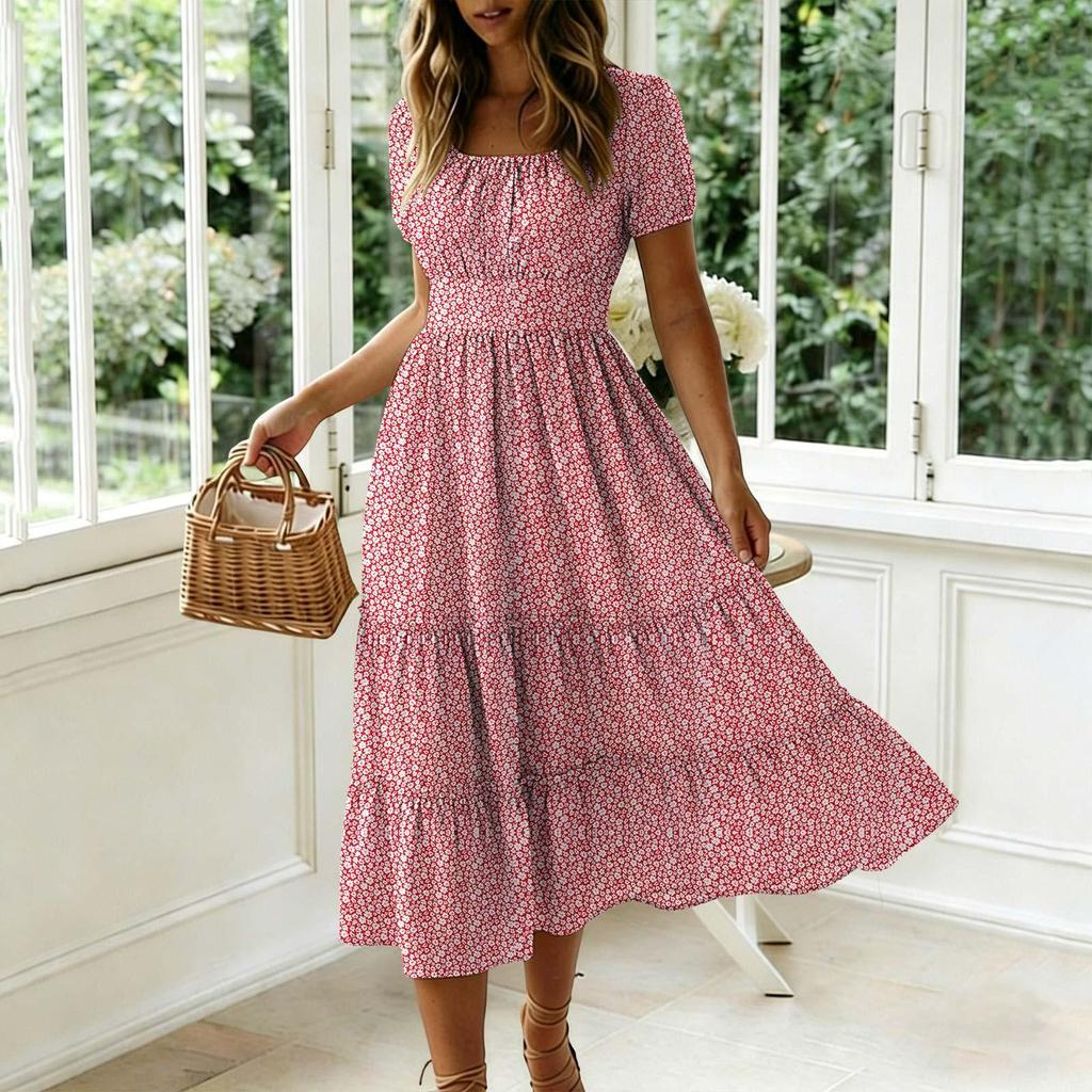 Spot New Trendy Floral Puff Sleeve Square Neck Long Dress