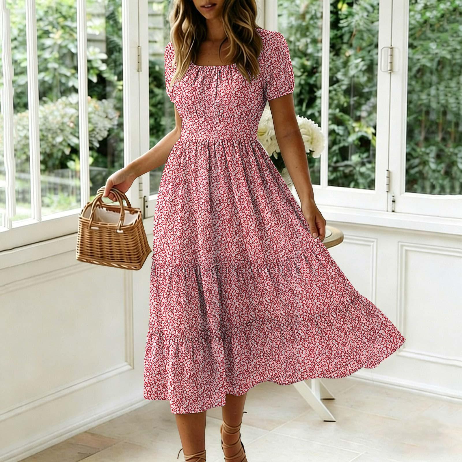 Neues trendiges langes Kleid mit Blumenmuster, Puffärmeln und quadratischem Ausschnitt Double Extra Large gray