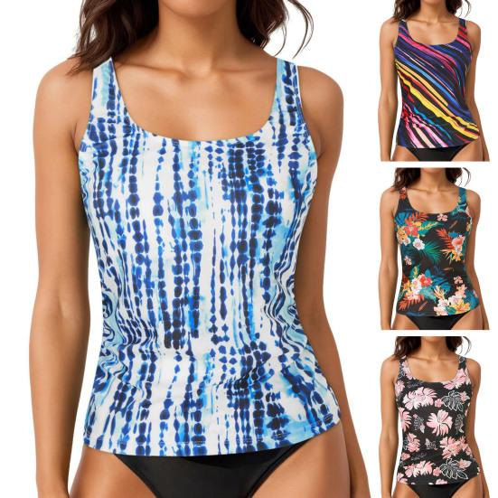 Women Swimsuit Tops U-Neck Sleeveless Striped Print Vest Suspender Chest Pad Beach Style Vest Tops Vacation Party Wear